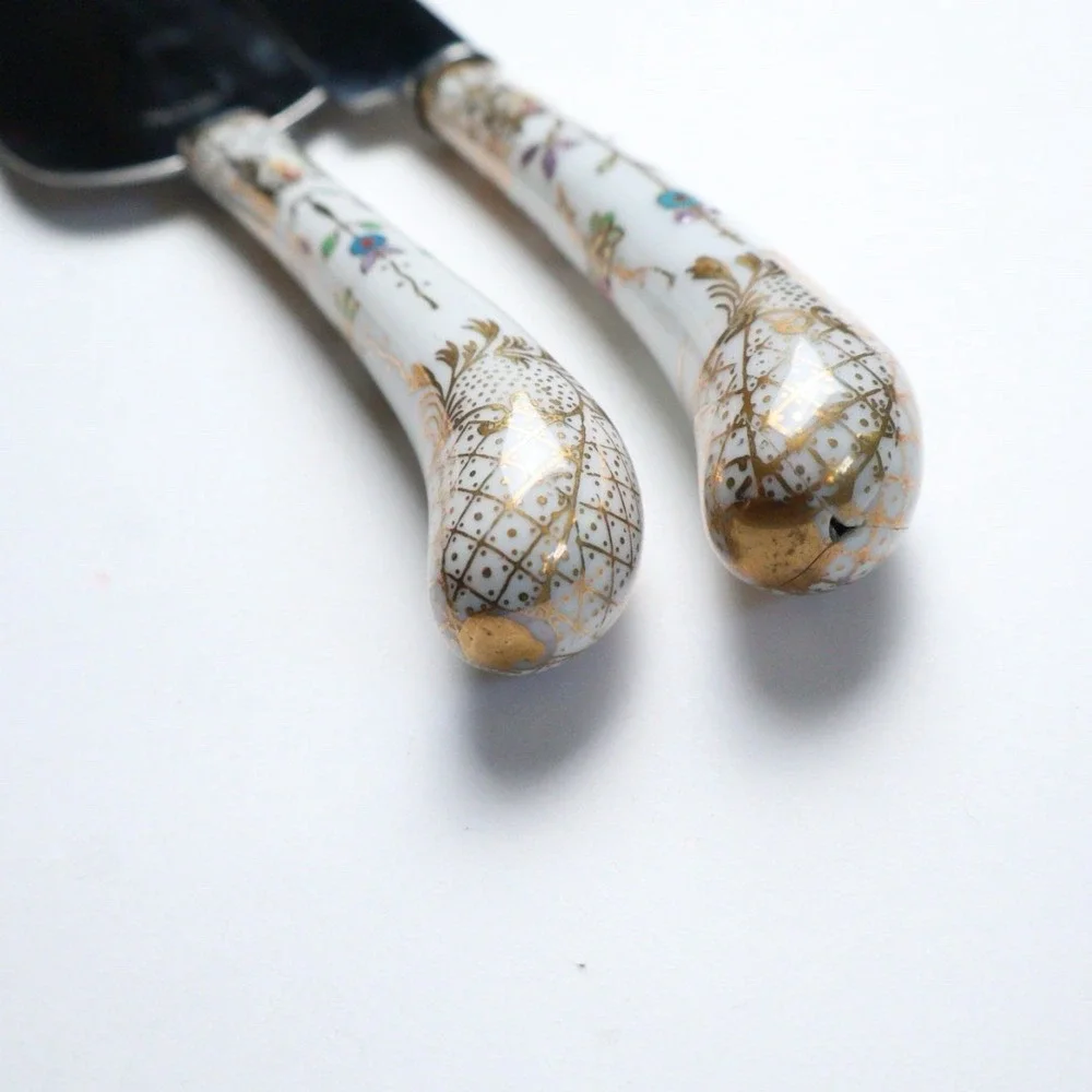 VTG Sheffield Cake Server Knife Set Hand Painted Floral Motif Porcelain Gold